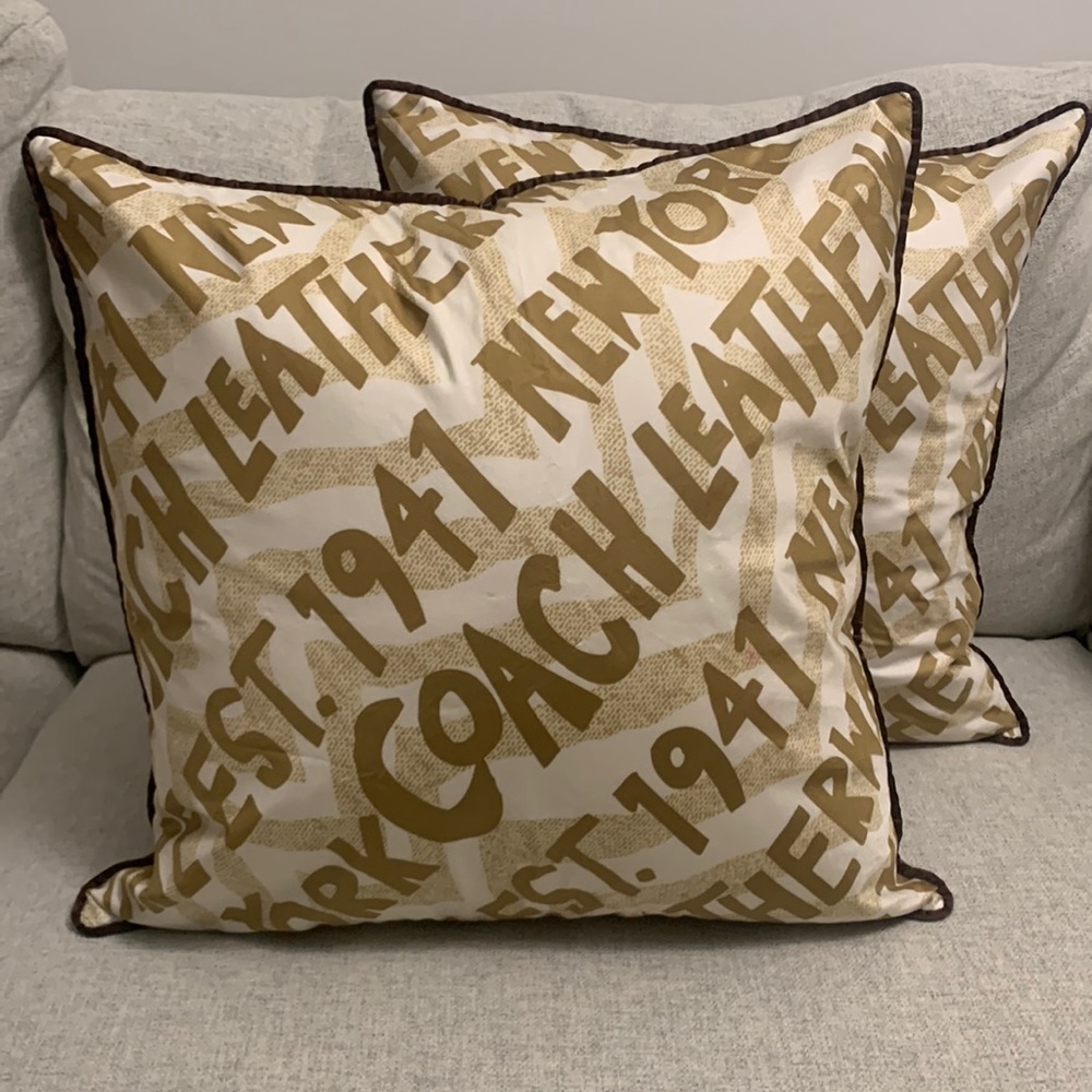 Coach Gold and White Logo Accent Pillows with Brown Piping